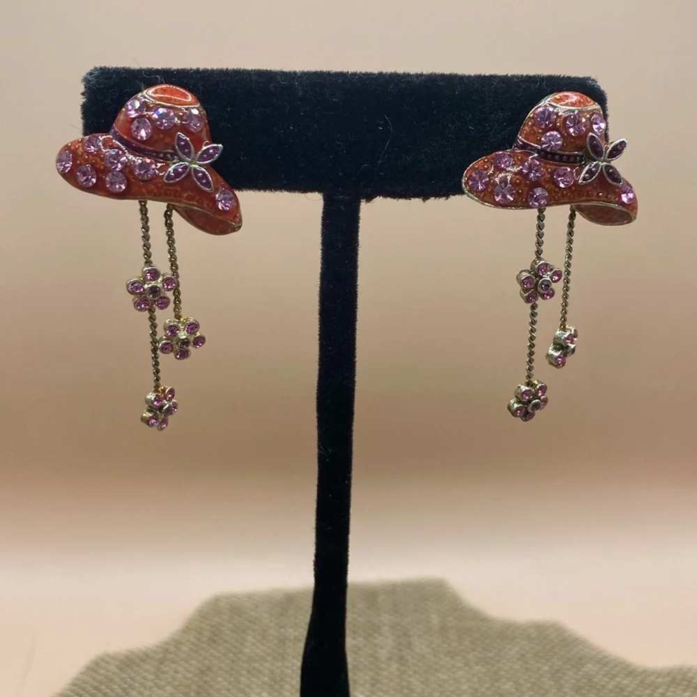 3 for $15 - Mix n Match - Red Hat Society clip earrings, pink dangle accents - Picture 1 of 4